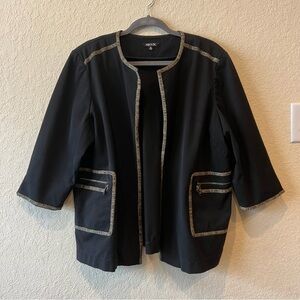 Misook stretchy cotton blend open front jacket with contrast trim zip pockets